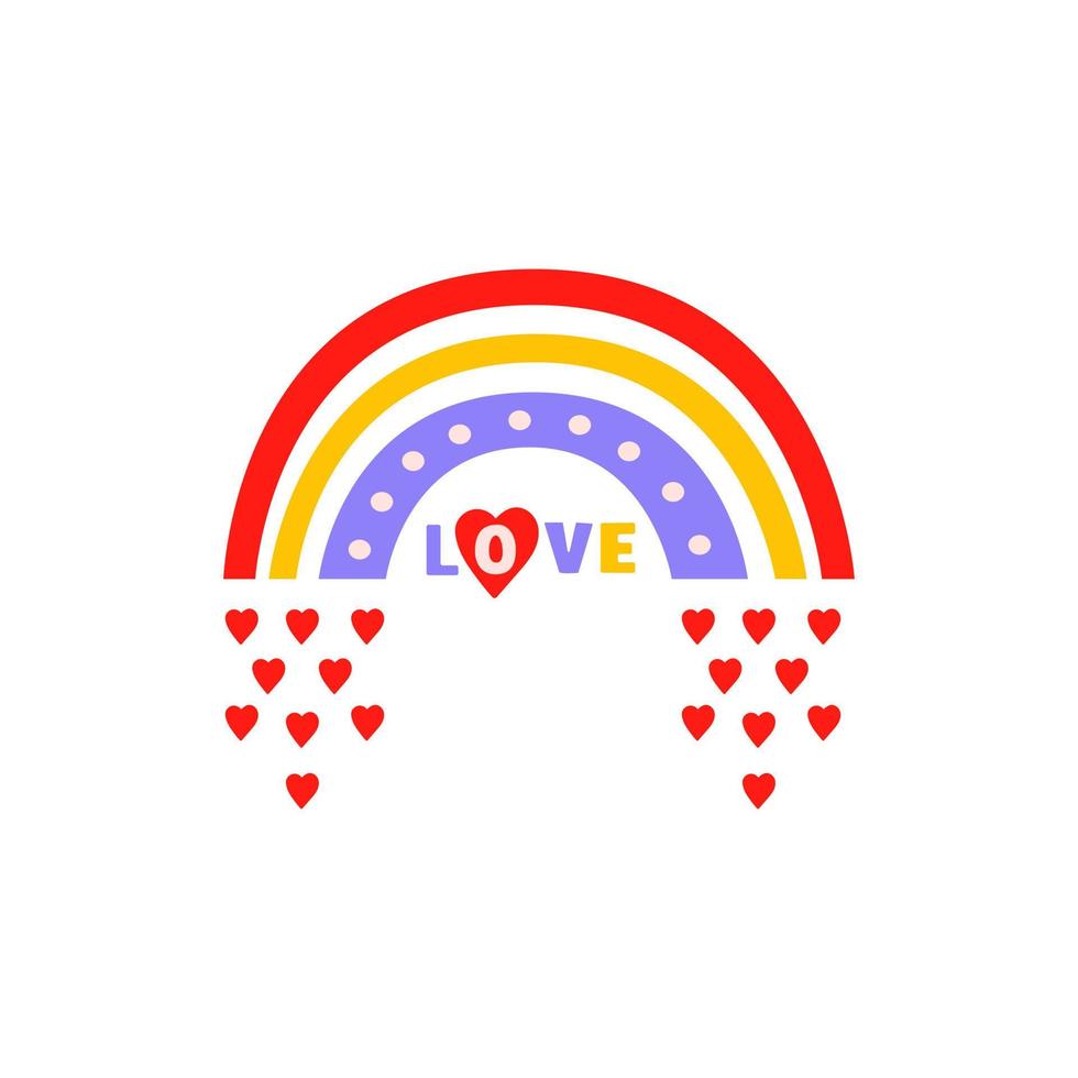 Retro rainbow, word love with hearts in 70s-80s style isolated on a white background. Flat vector illustration.