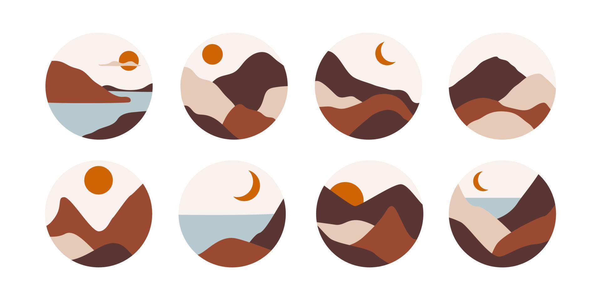 conjunto de paisajes abstractos vectoriales. las formas modernas de la naturaleza para las portadas destacadas de las redes sociales con las montañas del sol y la luna del desierto. vector