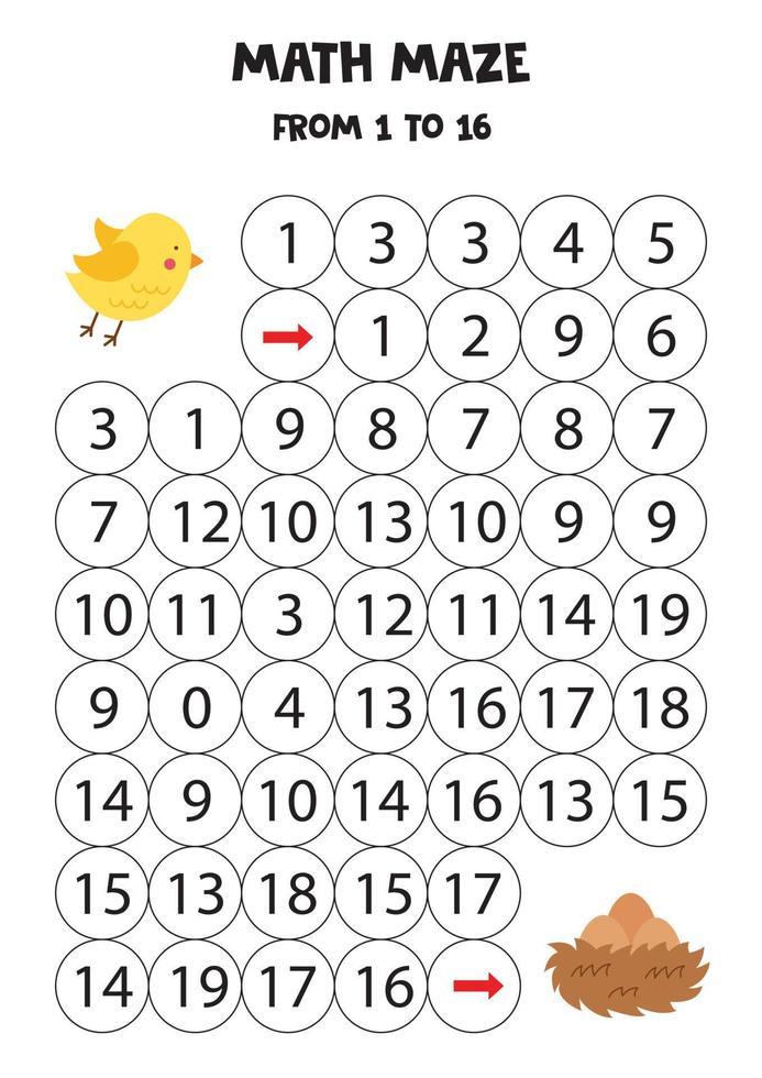 Get cute bird to the nest by counting to 16. vector