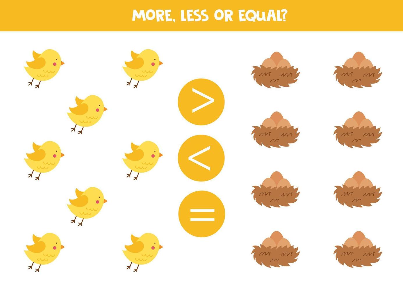 More, less, equal with cute birds and nests. vector