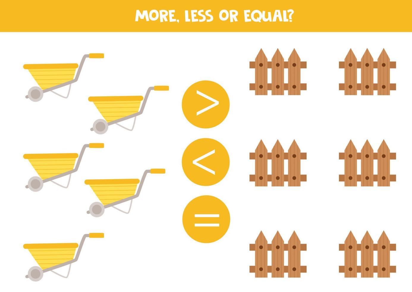 More, less, equal with garden wheelbarrow and fence. vector