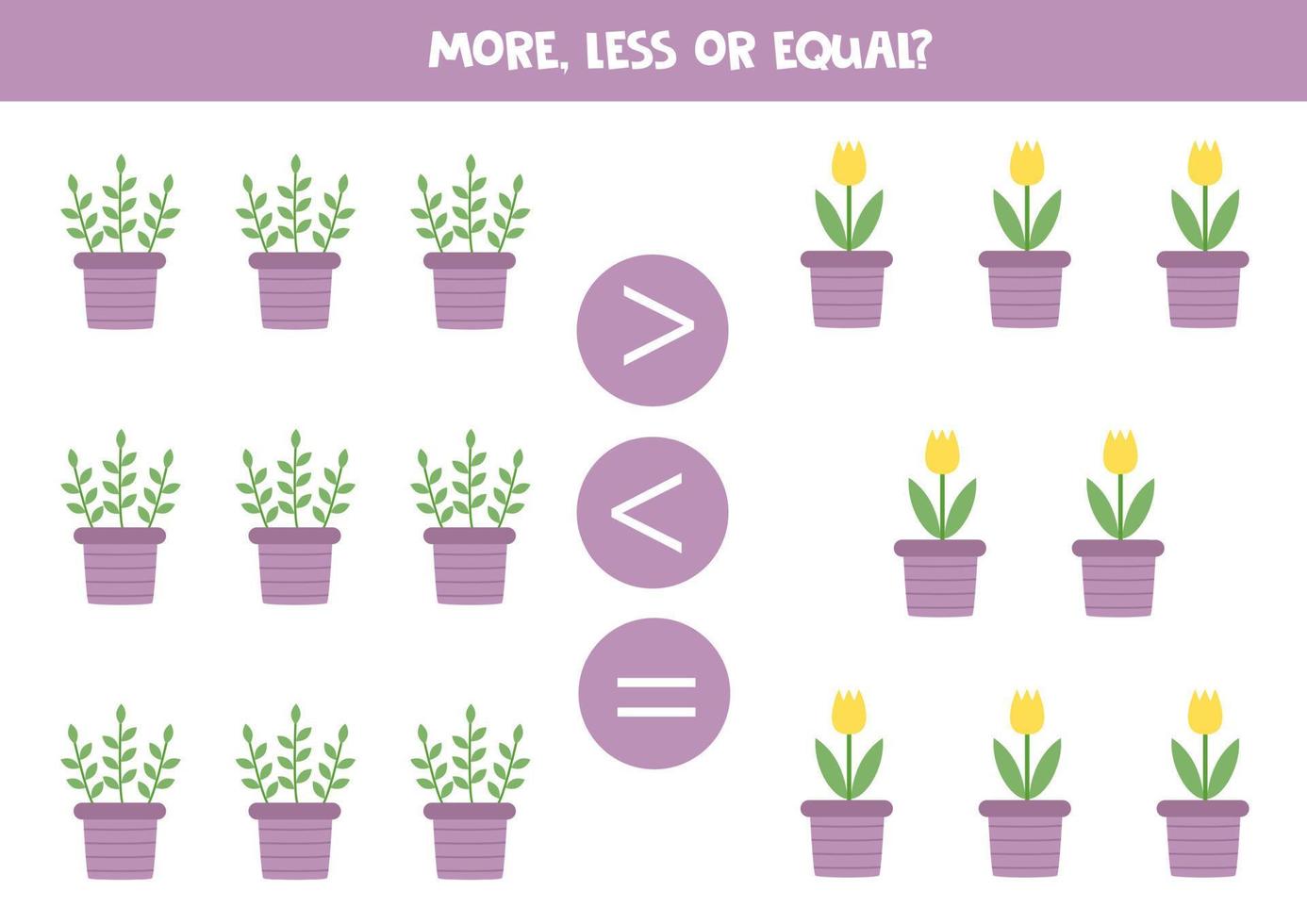More, less, equal with cartoon colorful flower pots. vector