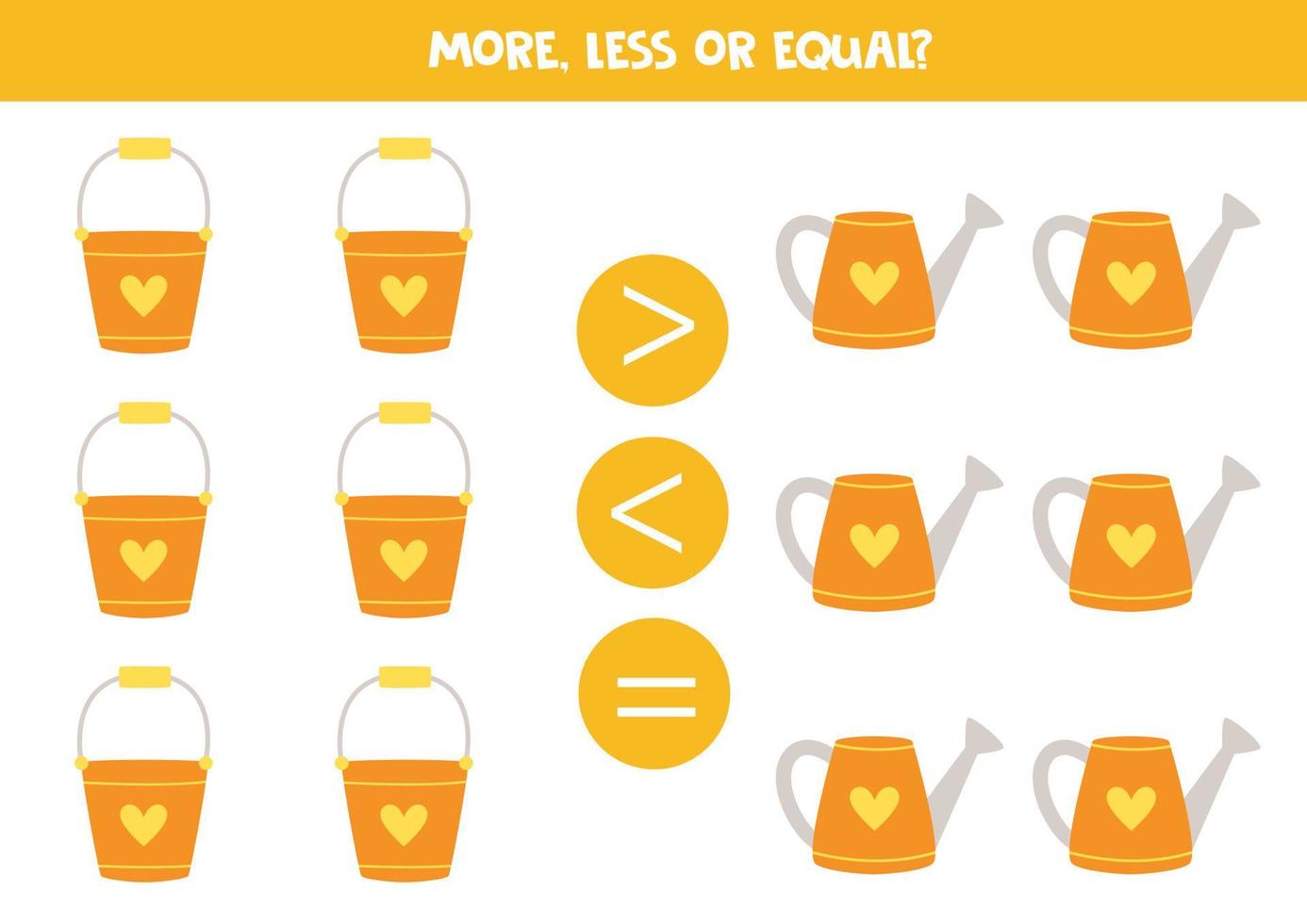 More, less, equal with cartoon colorful watering cans. vector