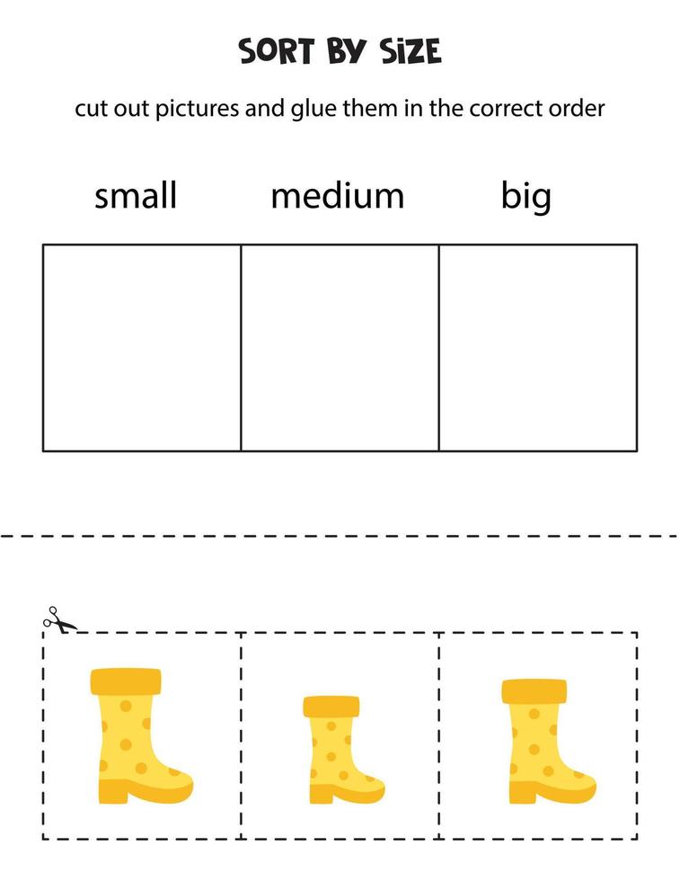 Sort pictures by size. Educational worksheet for kids. vector