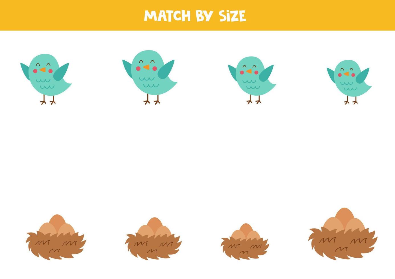 Matching game for preschool kids. Match birds and nests by size. vector