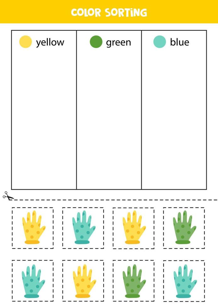 ordenar los guantes de jardín por colores. aprender colores para niños. vector