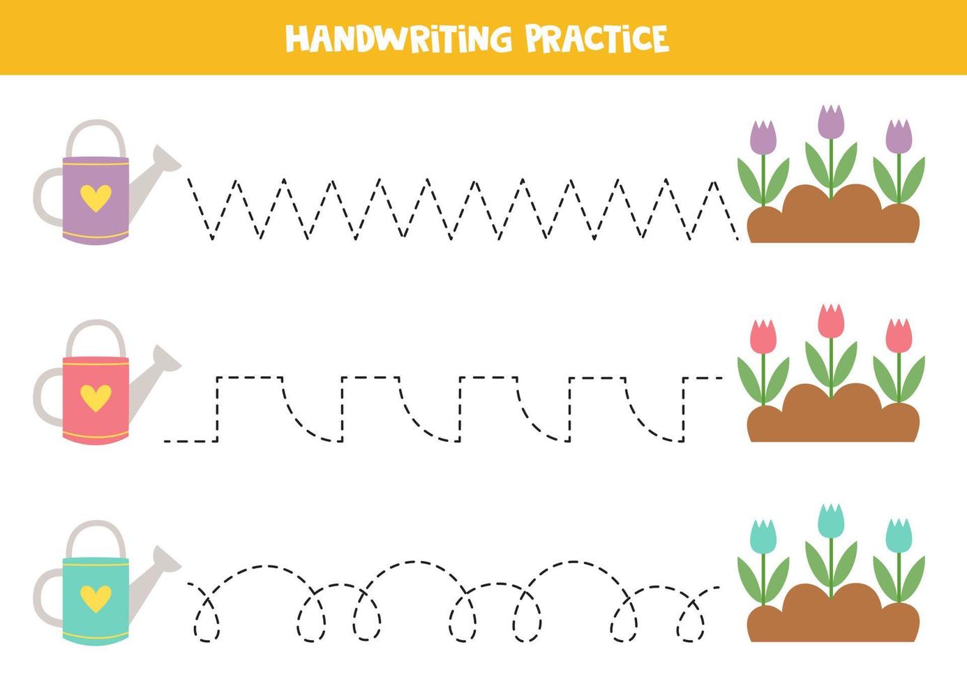 Tracing lines for kids. Cute watering cans and flowers. Writing practice. vector