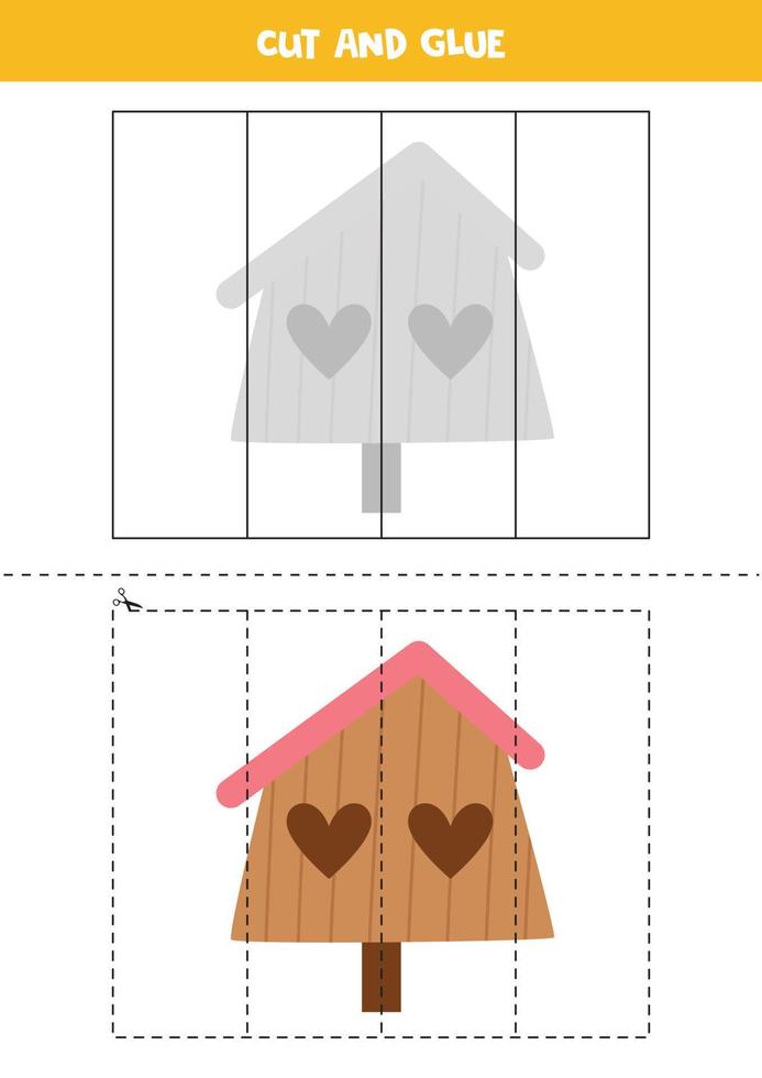 Cut and glue game for kids. Cartoon birdhouse. vector