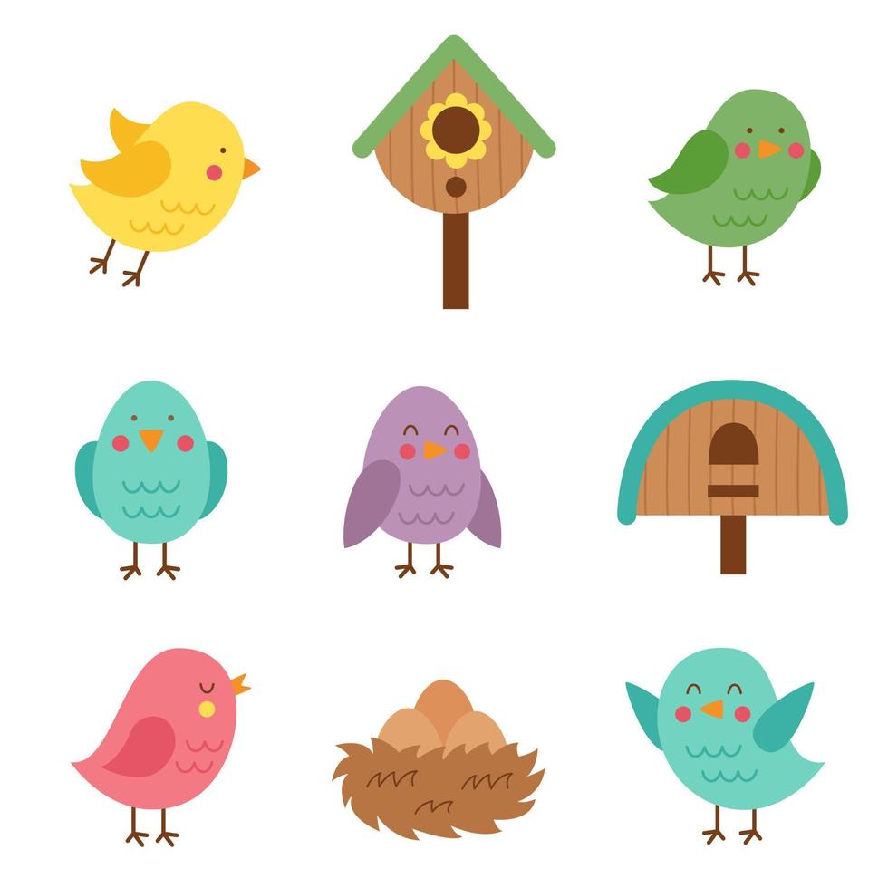 Cute cartoon spring birds and birdhouses on white background. vector