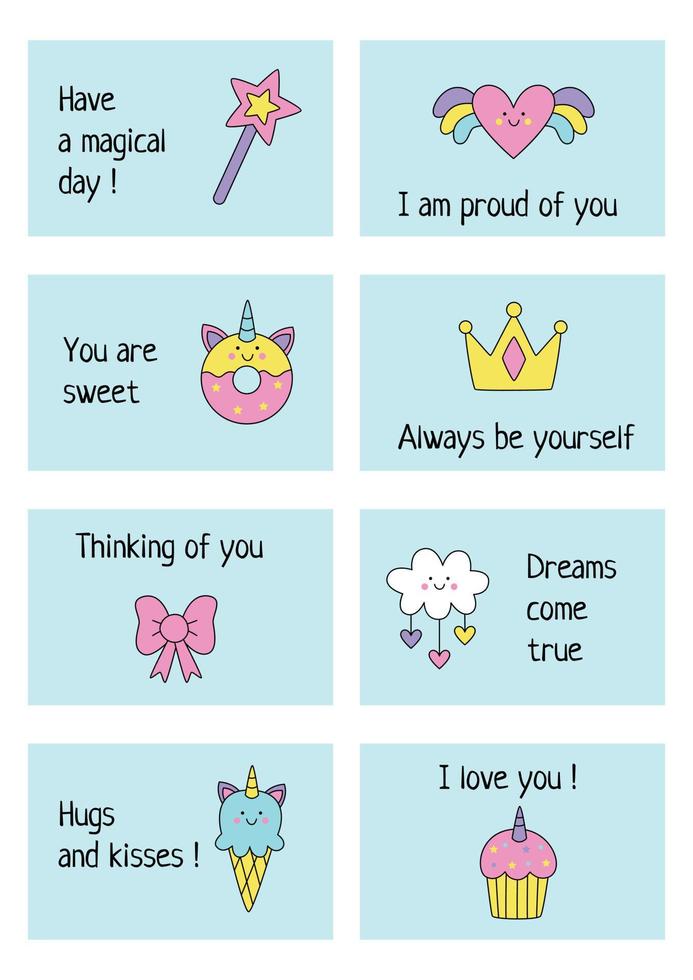 Lunch box notes for girls with cute pictures. vector