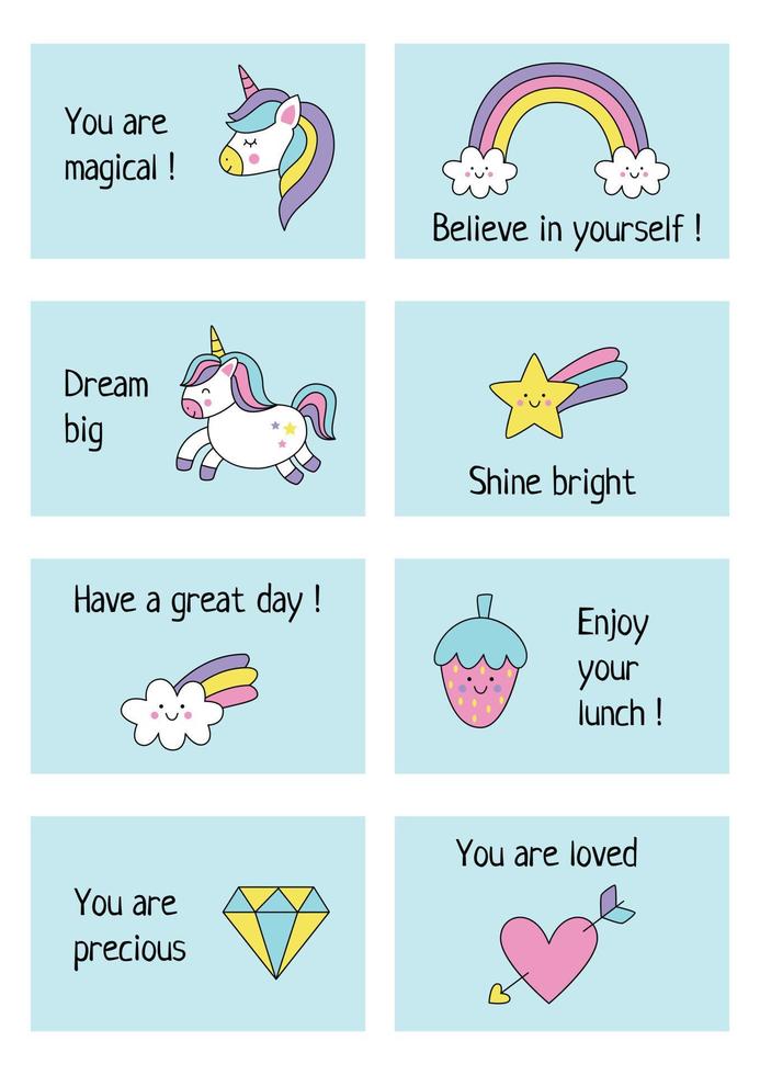 Lunch box notes for girls with cute pictures. vector