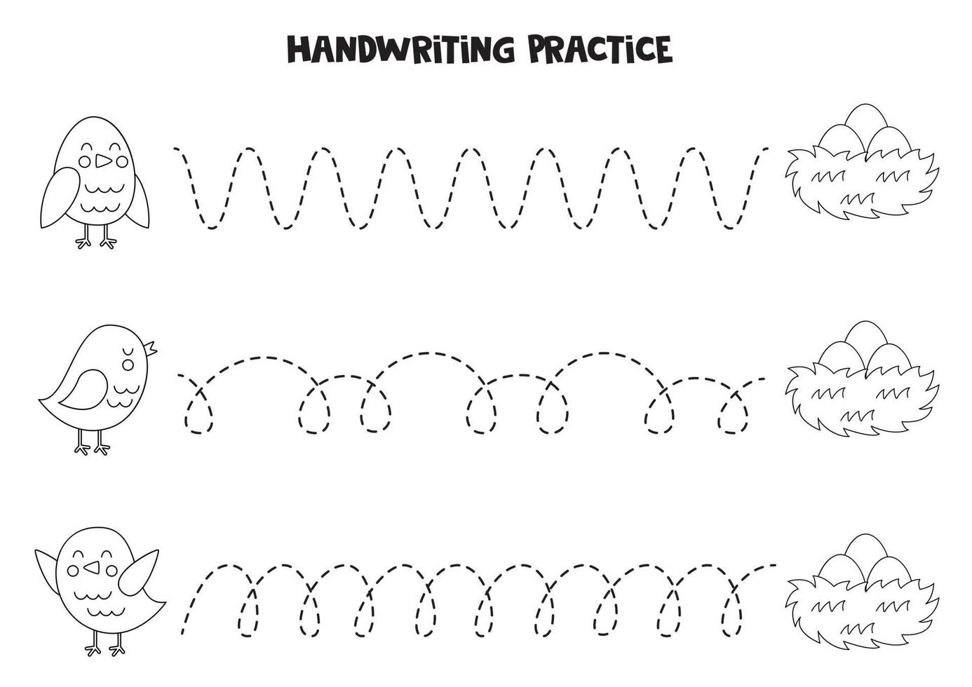 trazando líneas para niños. lindos pájaros en blanco y negro. Practica de la escritura. vector