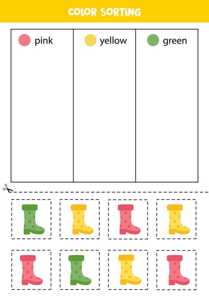 Sort garden boots by colors. Learning colors for children. vector