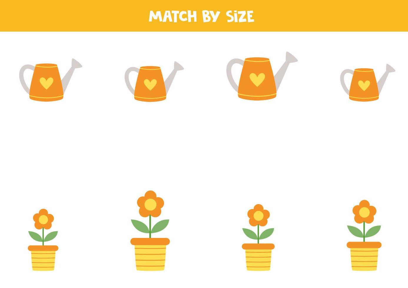 Matching game for preschool kids. Match watering cans and flowers by size. vector