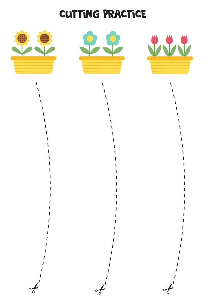 Cutting practice for children with cartoon flowers in pots. vector