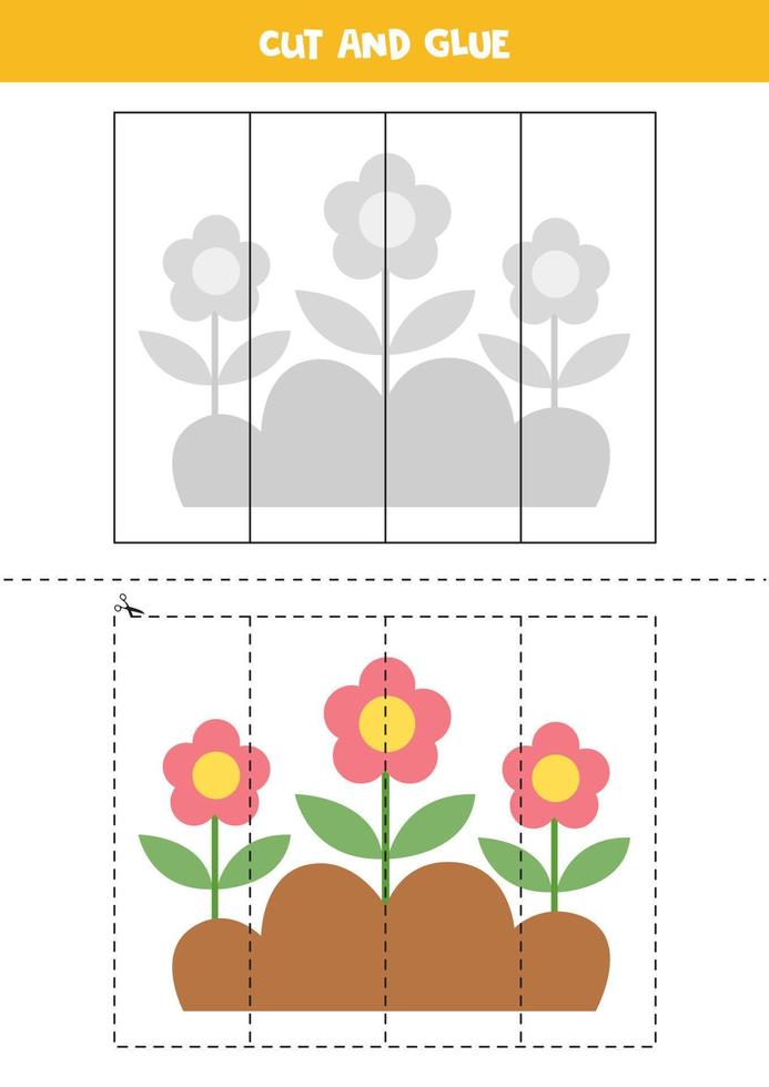 Juego de cortar y pegar para niños. linda cama de flores. vector