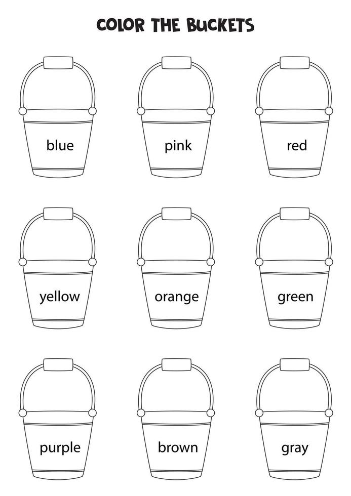Read names of colors and color buckets. Educational worksheet. vector