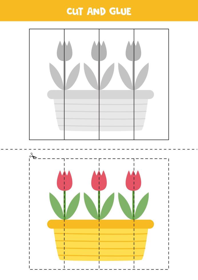 Cut and glue game for kids. Cute tulips in pots. vector