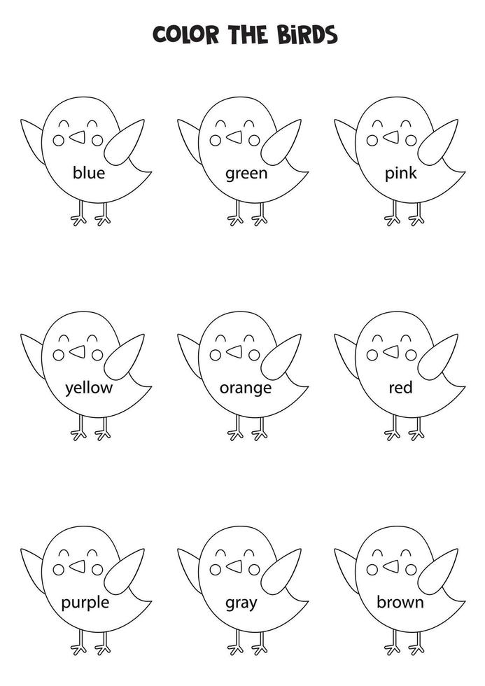 Read names of colors and color cute birds. Educational worksheet. vector