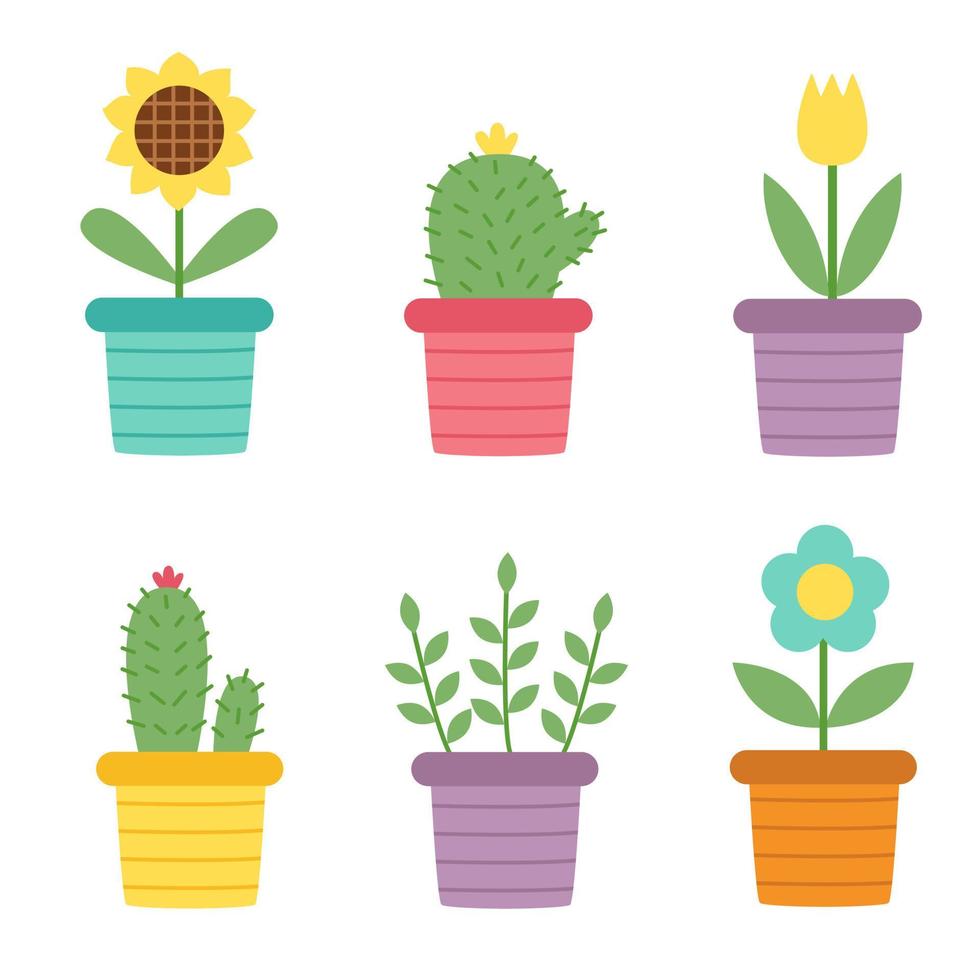 Cute flowers in pots on white background in cartoon style. vector