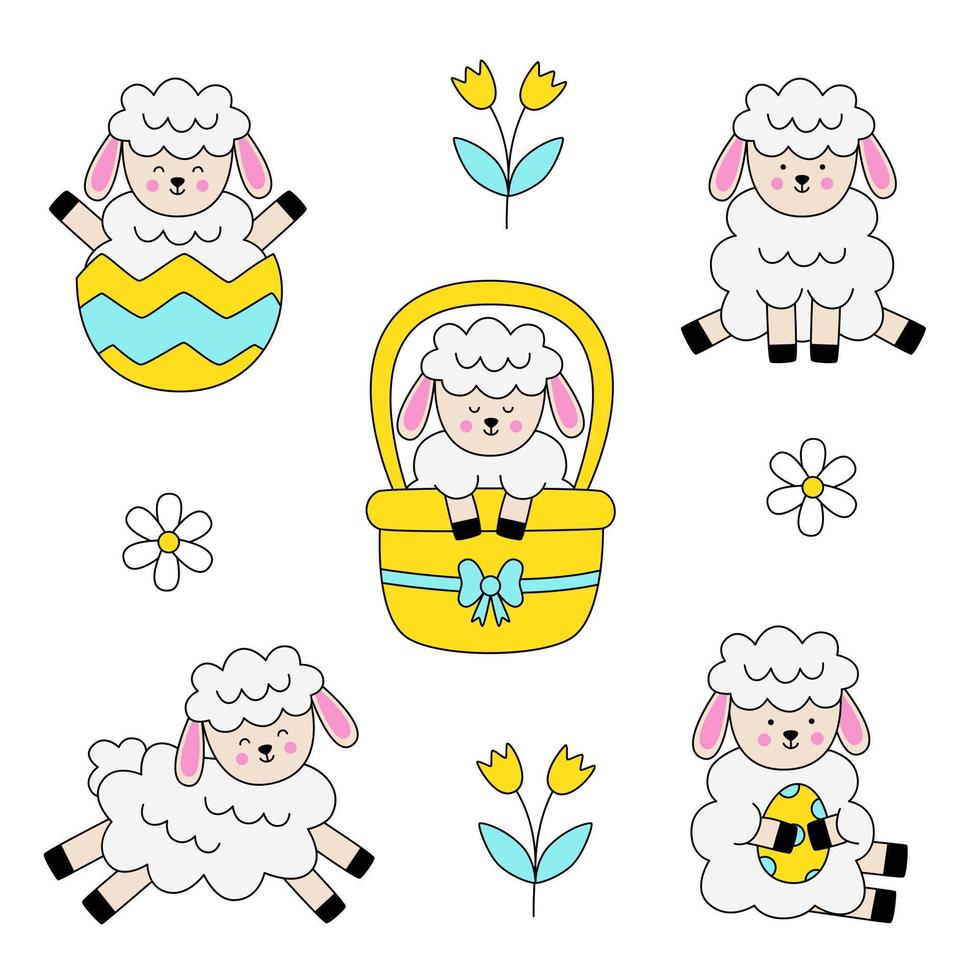 Cute Easter sheep on white background in cartoon style. vector