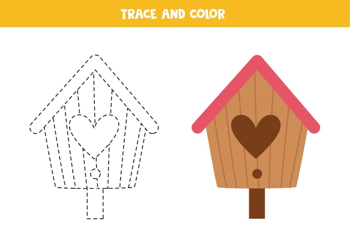 Trace and color cartoon birdhouse. Worksheet for children. vector