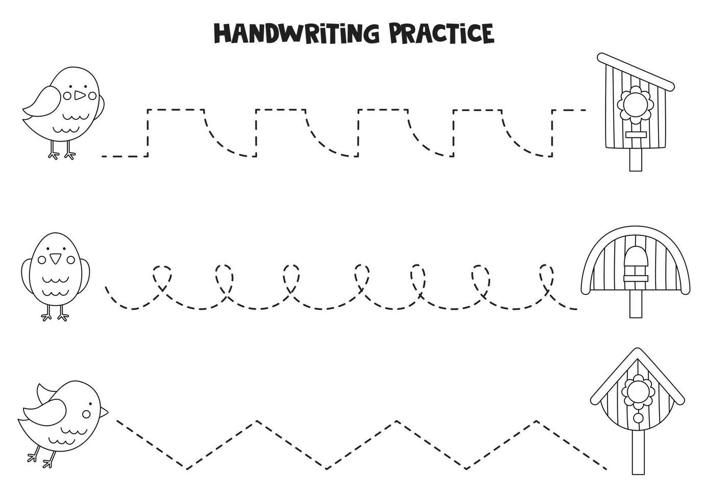 Tracing lines for kids. Cute black and white birds. Writing practice. vector