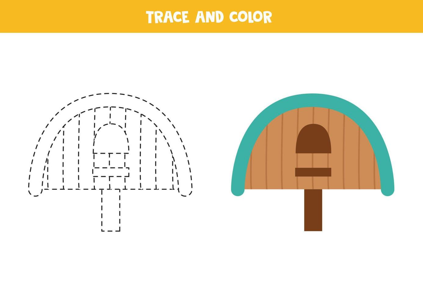 Trace and color cartoon birdhouse. Worksheet for children. vector