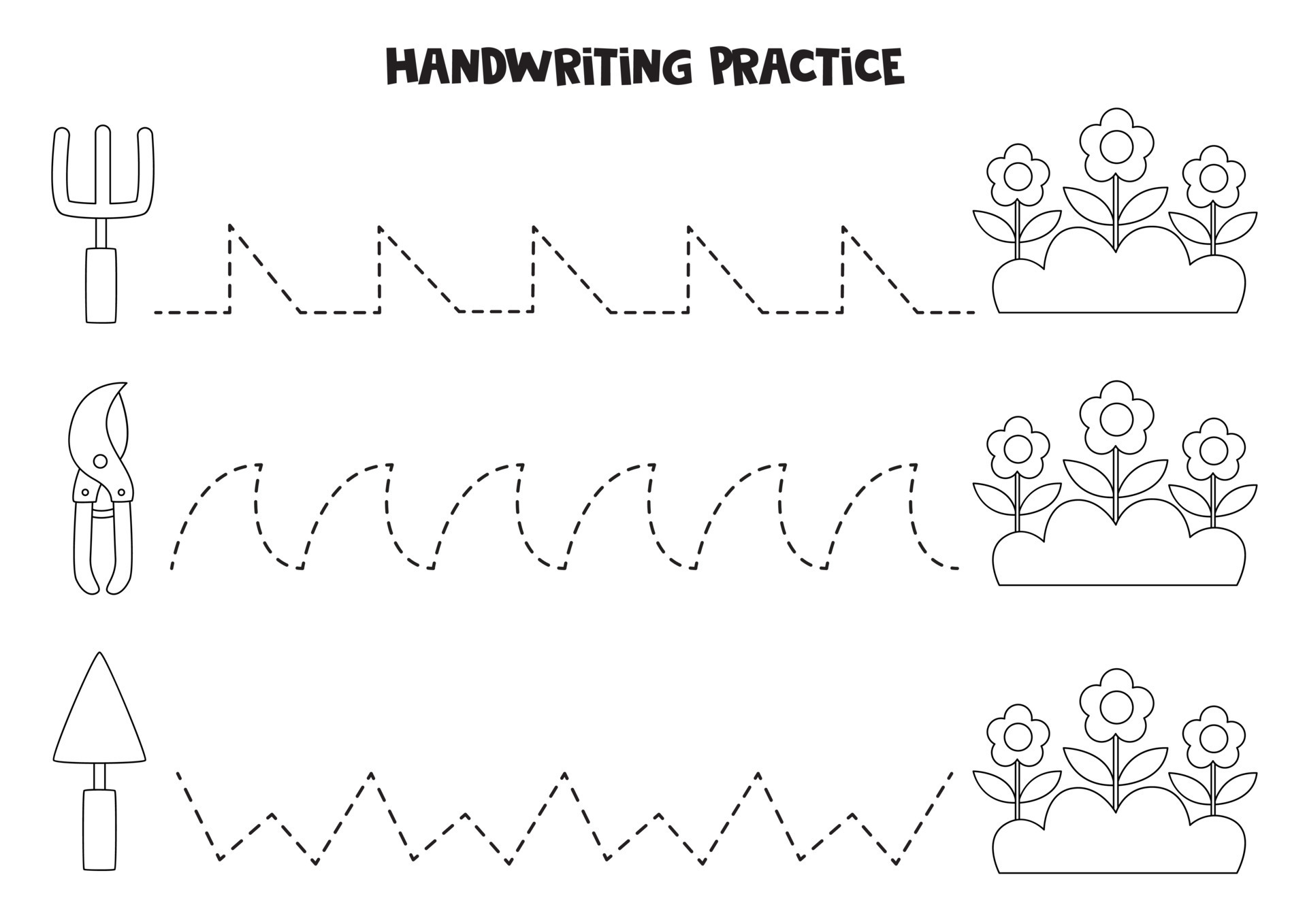 Tracing lines for kids. Cute black and white garden tools. Writing