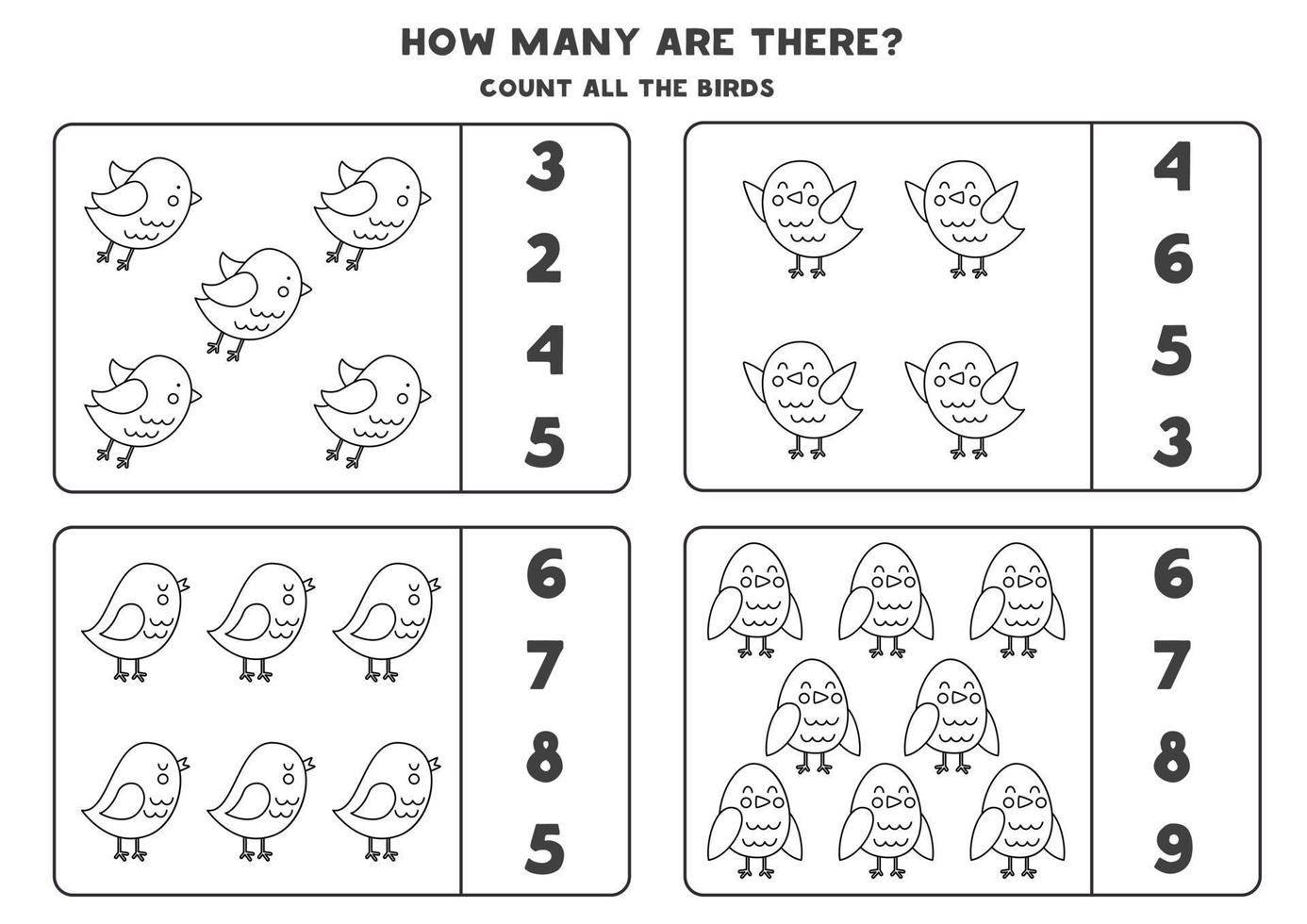 Counting game with cute black and white birds. Educational worksheet. vector