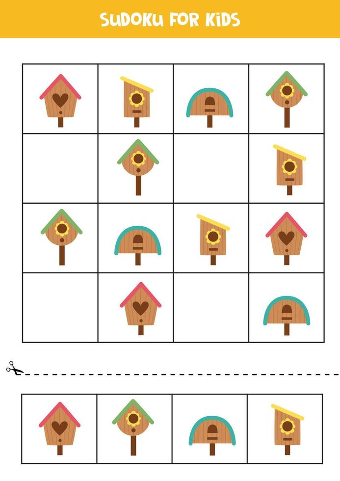 Educational sudoku game with cute birdhouses for kids. vector