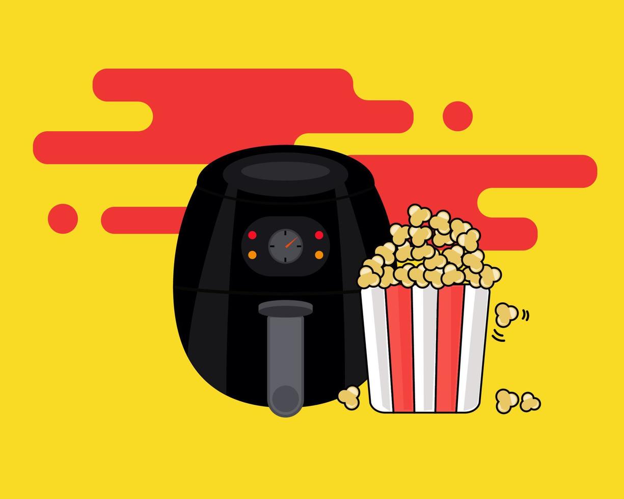 Air fryer kitchen tool. Popcorn in a bucket. Cartoon vector style for