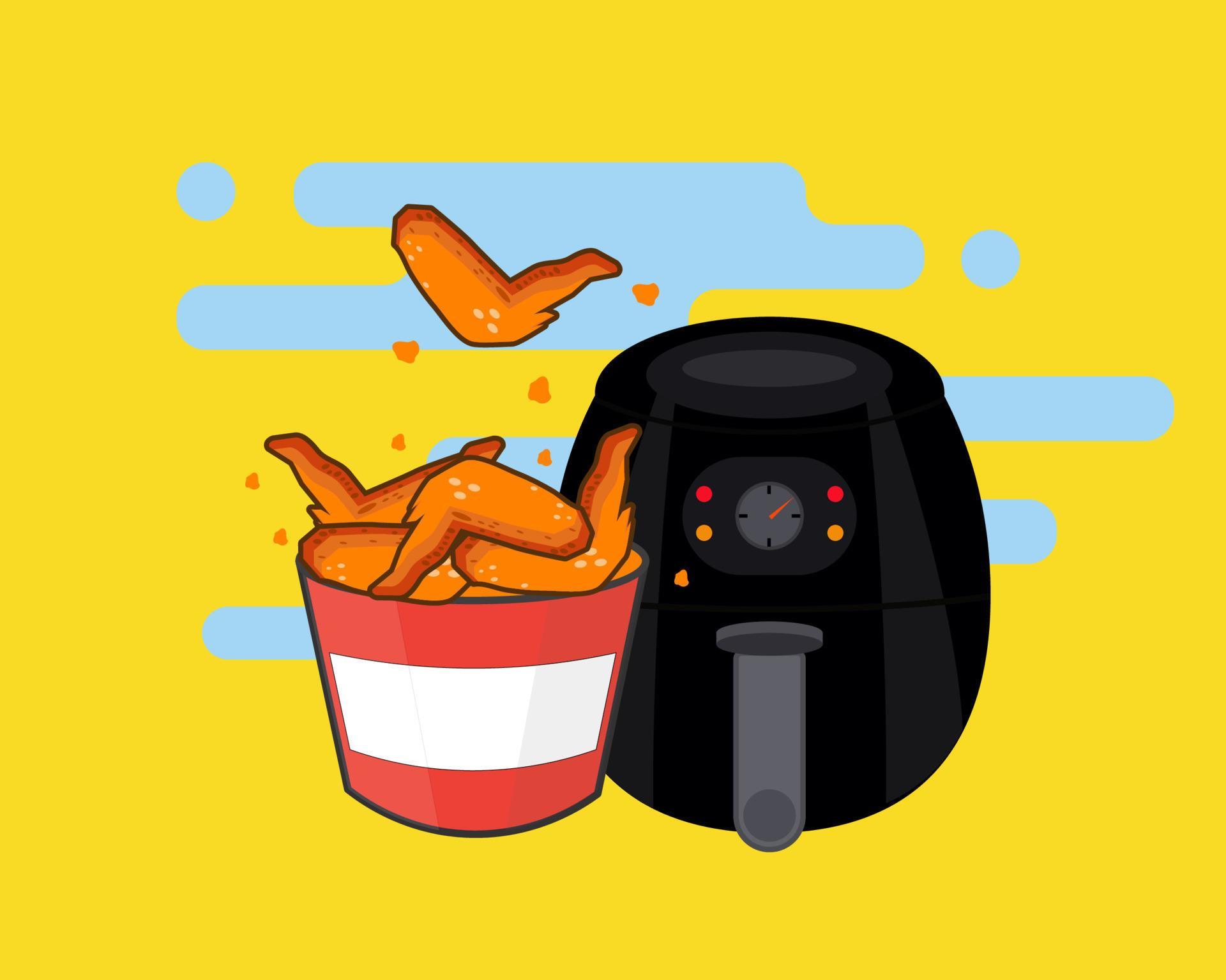 Air fryer kitchen tool. Fried Chicken in a bucket. Cartoon vector style