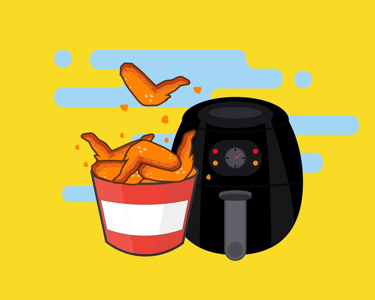 Herramienta de cocina para freidora de aire. pollo frito en un cubo. estilo de vector de dibujos animados para su diseño.