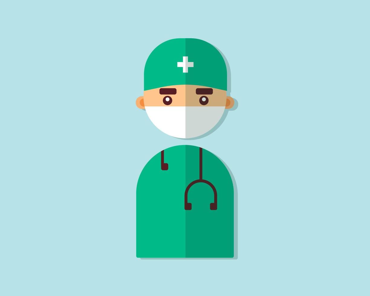 médico con uniforme de abrigo verde con estetoscopio. estilo de vector de dibujos animados para su diseño.