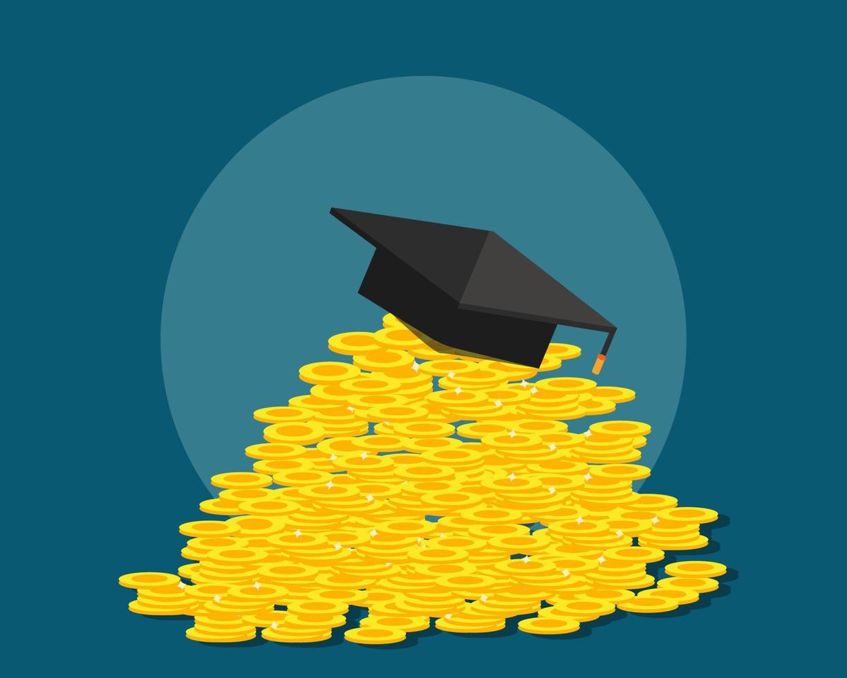 Many golden coins with graduation cap at the top. Cartoon vector style for your design.