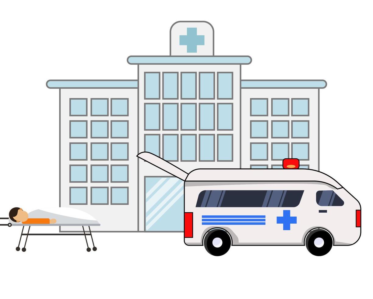 Injured man is waiting on a stretcher into ambulance vehicle. Cartoon vector style for your design.