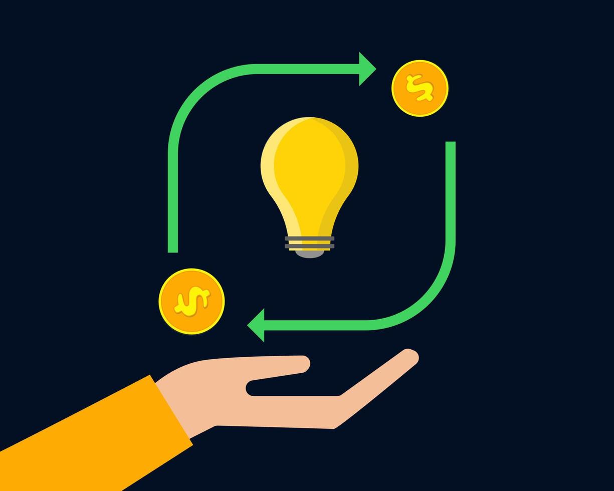 Business concept. There are hand, coins, yellow bulb. Cartoon vector style for your design.