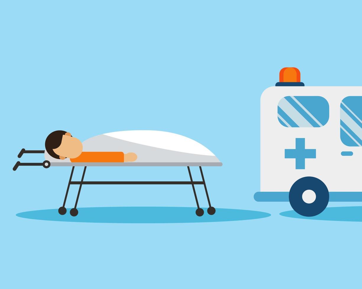 Injured man is waiting on a stretcher into ambulance vehicle. Cartoon vector style for your design.