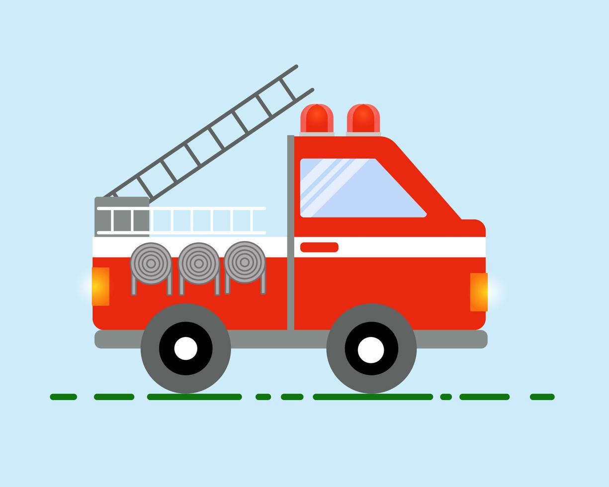 Red fire truck emergency vehicle in cartoon flat style vector illustration