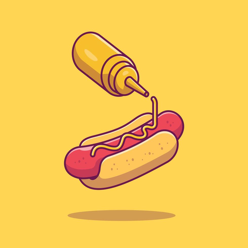 Hotdog With Mustard Cartoon Vector Icon Illustration. Fast Food Icon Concept Isolated Premium Vector. Flat Cartoon Style