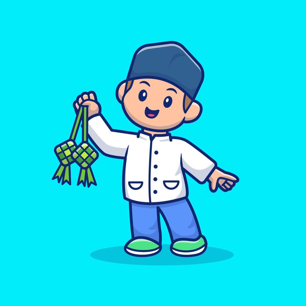 Moslem Boy With Ketupat Cartoon Vector Icon Illustration. Religion Moslem Icon Concept Isolated Premium Vector. Flat Cartoon Style