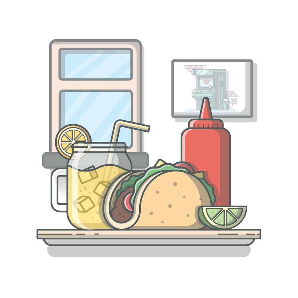 taco comida mexicana con limonada y ketchup caricatura vector icono ilustración. concepto de icono de comida y bebida vector premium aislado. estilo de dibujos animados plana