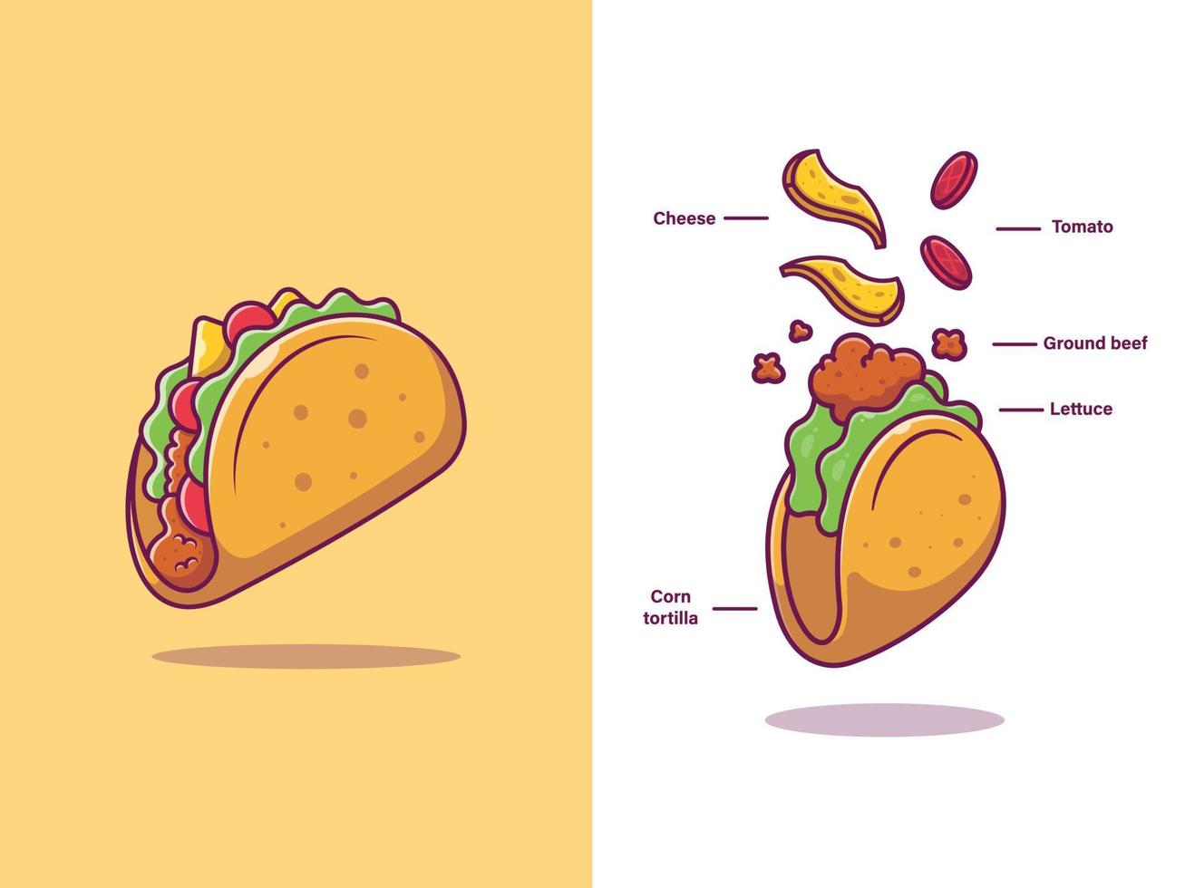 Taco Ingredients Cartoon Vector Icon Illustration. Fast Food Icon Concept Isolated Premium Vector. Flat Cartoon Style