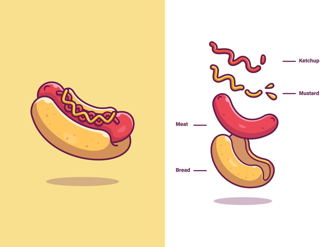 ilustración de icono de vector de dibujos animados de ingredientes de hotdog. concepto de icono de comida rápida vector premium aislado. estilo de dibujos animados plana