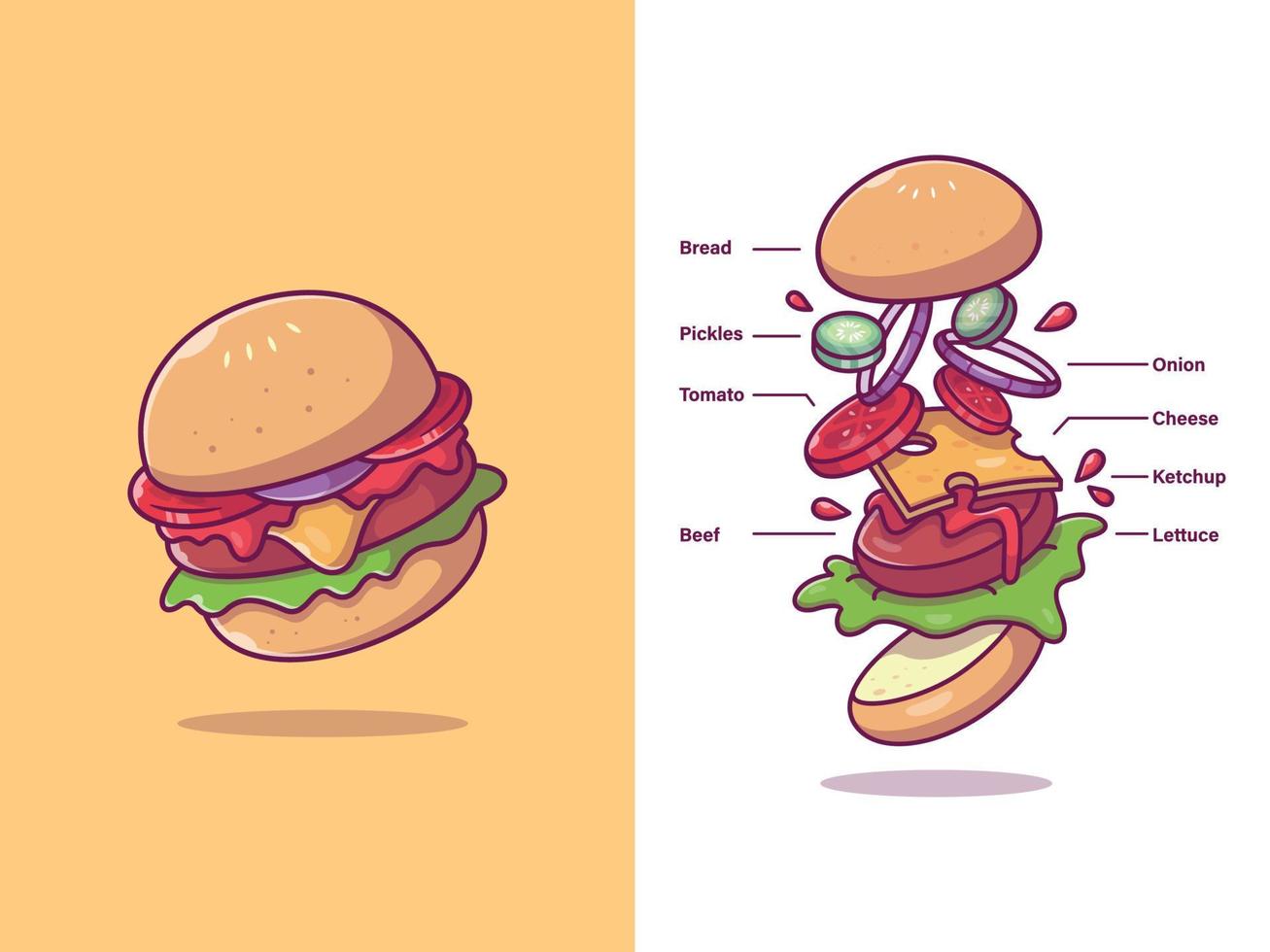 Burger Ingredients Cartoon Vector Icon Illustration. Fast Food Icon Concept Isolated Premium Vector. Flat Cartoon Style