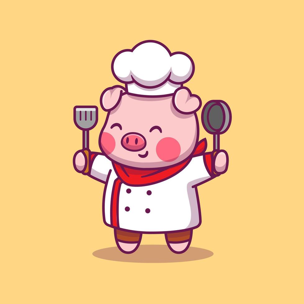 Cute Pig Chef Cartoon Vector Icon Illustration. Animal Profession Icon Concept Isolated Premium Vector. Flat Cartoon Style