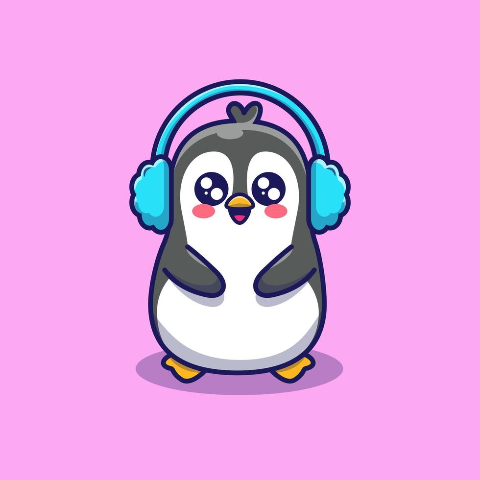 lindo pingüino usar orejera dibujos animados vector icono ilustración. concepto de icono de vida silvestre animal vector premium aislado. estilo de dibujos animados plana