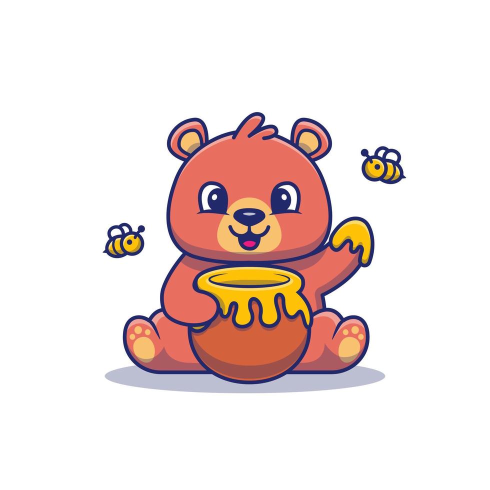 Cute Honey Bear Eating Honey Cartoon Vector Icon Illustration. Animal Food Icon Concept Isolated Premium Vector. Flat Cartoon Style
