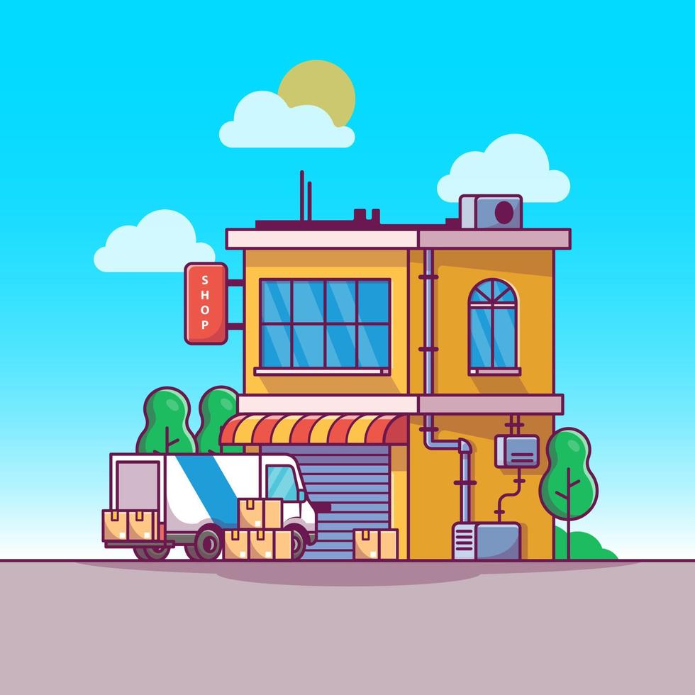 Shop Building With Delivery Truck Cartoon Vector Icon Illustration. Building Business Icon Concept Isolated Premium Vector. Flat Cartoon Style